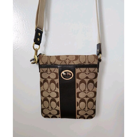 COACH Sutton Signature Swingpack Crossbody Canvas Purse Khaki/Mahogany - Picture 1 of 12